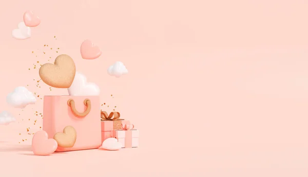 День Святого Валентина Дизайн Концепции Реалистичными Подарочные Коробки Сердца Облака — стоковое фото