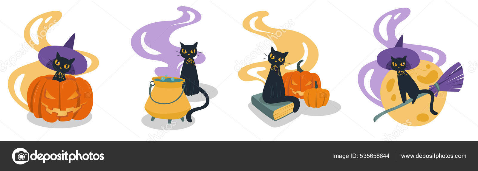 Svart Katt Med Interessant Lilla Hatt Sitter Ser Deg Halloweenkonseptet  stockvektor © Best.Studio #535658844, image size:1600x574