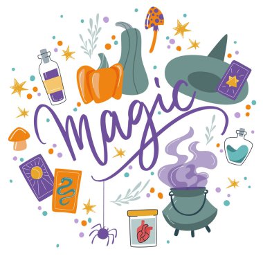 Azizler Günü kutlamaları için sihirli eşyalar. Çizgi film unsurları ve harfleri olan şirin bir Cadılar Bayramı baskısı. Cadılar Bayramı partisine hoş geldiniz. Tatil süslemeleri için el çizimi tasvirler, duruş