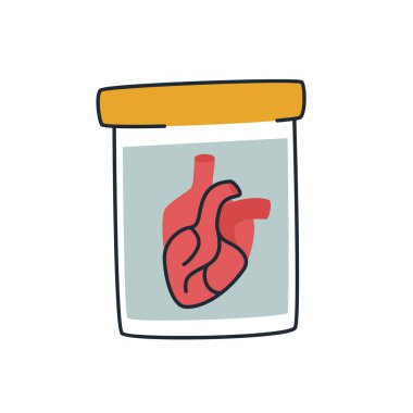 Mumyalanmış bir sıvıda saklanmış insan kalbinden bir örnek. Cadılar Bayramı konsepti Kalp kavanozu ikonu. Vektör illüstrasyonu beyaz arkaplanda izole edildi.