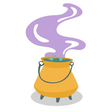 Kaynayan, kaynayan sarı bir kazan. Kokulu iksir yapma fikri. Doğaüstü kavramı. Simya. İzole edilmiş beyaz arka plan. Vektör illüstrasyonu.