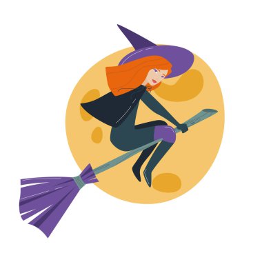 Cadılar Bayramı 'ndayız. Ölülerin ruhları dünyaya dönüyor. Sana bir büyü yaptim. Cadı süpürge sopasıyla dolunayın arka planına doğru uçuyor. Vektör çizimi. Beyaz bir arkaplanda izole edilmiş.