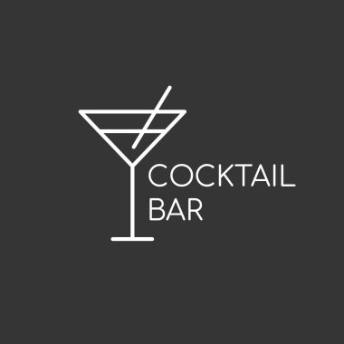 Alkolik bar, dükkan, restoran için minimalist logo. Siyah arka planda pipetli martini bardağı. Üzerinde 