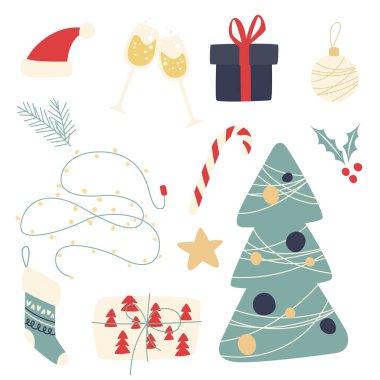 Noel çıkartmaları hazır. El yapımı kış elementleri - hediye, mum, çam, eldiven, yıldız, çorap. Kart, poster, etiket, ağ, logo, hatıra defteri, desenler, iç mekan için Noel illüstrasyonu.