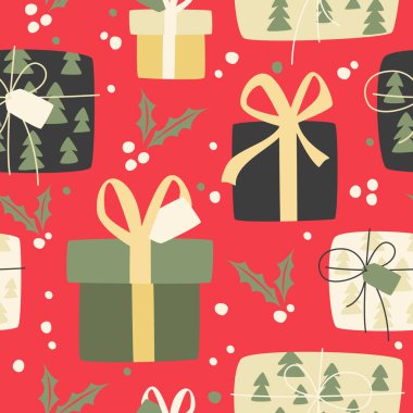 Noel hediyeli Kusursuz Tatil Şablonu. Mutlu Noeller, yeni yılınız kutlu olsun. Hediye kutuları, kutsal yapraklar ve tebrik kartları için böğürtlenler. Paket kağıtları..