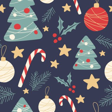 Noel sembollü, Kusursuz Tatil Kalıbı. Xmas kış posteri koleksiyonu. Mutlu Noeller, yeni yılınız kutlu olsun. Kutlama kartları, ambalaj kağıtları için kutsal yapraklar ve meyveler..