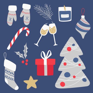 Noel çıkartmaları hazır. El yapımı kış elementleri - hediye, mum, çam, eldiven, yıldız, çorap. Kart, poster, etiket, ağ, logo, hatıra defteri, desenler, iç mekan için Noel illüstrasyonu.