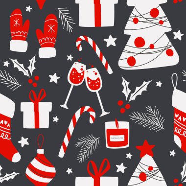 Noel sembollü, Kusursuz Tatil Kalıbı. Xmas kış posteri koleksiyonu. Mutlu Noeller, yeni yılınız kutlu olsun. Kutlama kartları, ambalaj kağıtları için kutsal yapraklar ve meyveler..