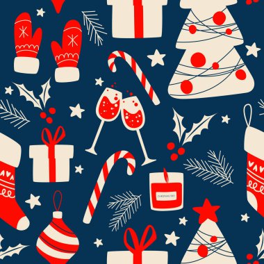 Noel sembollü, Kusursuz Tatil Kalıbı. Xmas kış posteri koleksiyonu. Mutlu Noeller, yeni yılınız kutlu olsun. Kutlama kartları, ambalaj kağıtları için kutsal yapraklar ve meyveler..