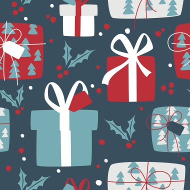 Noel hediyeli Kusursuz Tatil Şablonu. Mutlu Noeller, yeni yılınız kutlu olsun. Hediye kutuları, kutsal yapraklar ve tebrik kartları için böğürtlenler. Paket kağıtları..