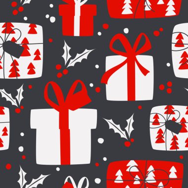 Noel hediyeli Kusursuz Tatil Şablonu. Mutlu Noeller, yeni yılınız kutlu olsun. Hediye kutuları, kutsal yapraklar ve tebrik kartları için böğürtlenler. Paket kağıtları..