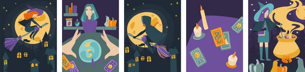 Set Pictures Halloween Witch Flying City Fortune Telling Session Magic — Stock Vector