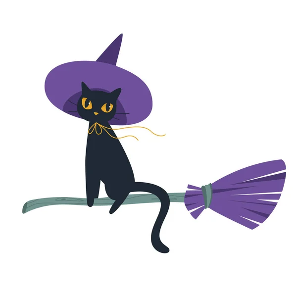 Svart Katt Intressant Lila Hatt Flyger Kvast Halloween Konceptet Begreppet — Stock vektor