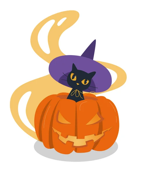 Black Cat Interesting Hat Sits Carved Pumpkin Glowing Eyes Magic — Stock Vector