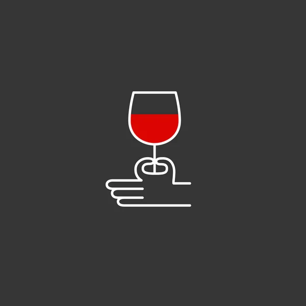 酒精机构的简约标志 餐馆的标志 手里拿着红酒在黑色背景上被隔离 矢量图解符号 — 图库矢量图片