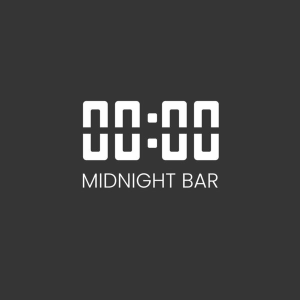 Minimalistic black and white logo for alcoholic bar, shop, restaurant. Electronic clock on which 00:00 and with the inscription "midnight bar". Isolated over black background. Vector illustration.