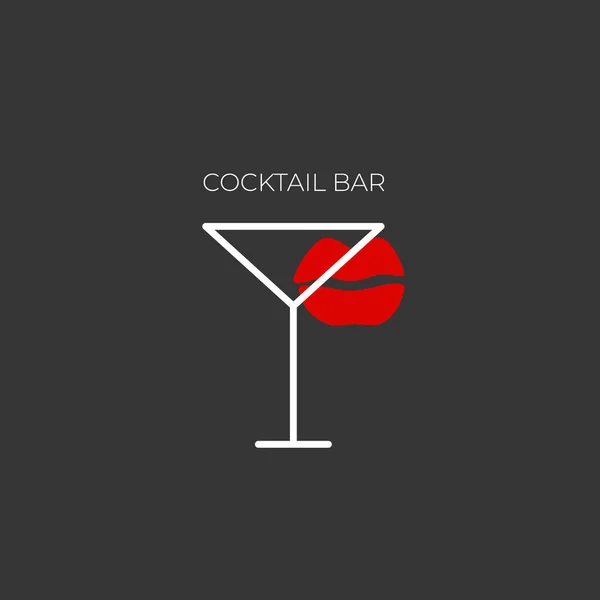 アルコールバー ショップ レストランのための最小限のロゴ 黒を基調としたマティーニグラスに カクテルバー の文字と赤い口紅の唇の跡があります ベクターイラスト記号 — ストックベクタ