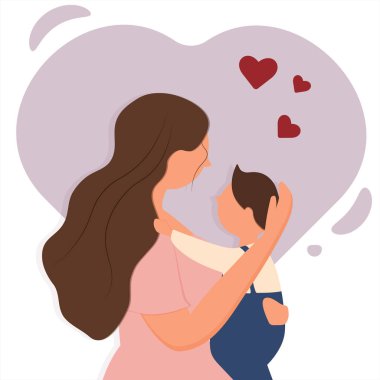 mom hugs little son in flat style