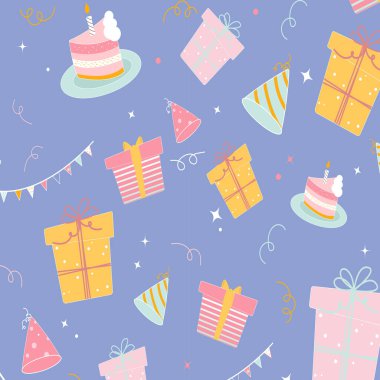 Doğum günü hediyeleri, tatil şapkası, pasta, çelenk, konfeti.