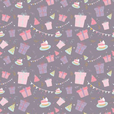 Doğum günü hediyeleri, tatil şapkası, pasta, çelenk, konfeti.