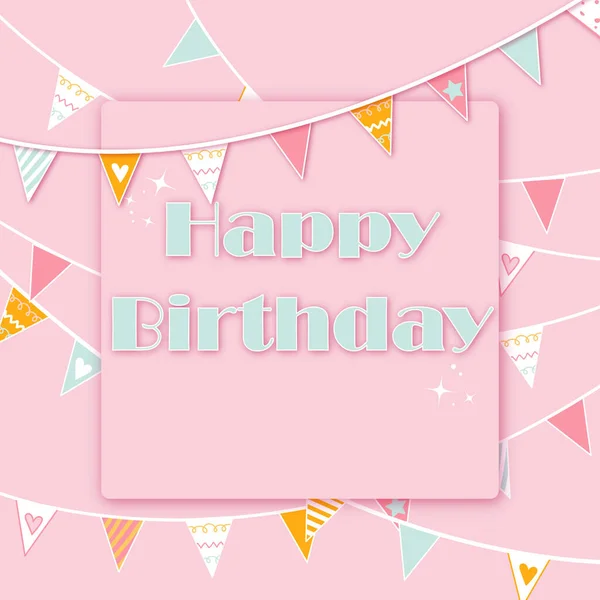 Birthday Greeting Card Flyer Garland Pink Girl — Stock Vector