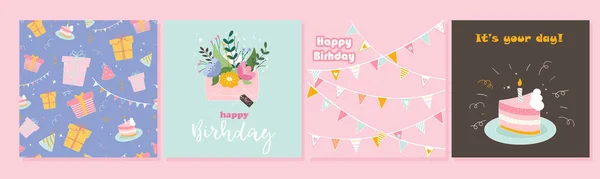 Conjunto Tarjetas Felicitación Feliz Cumpleaños Patrón Regalos Pastel Guirnaldas Sobre — Vector de stock