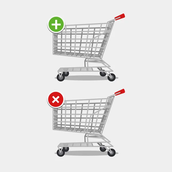 Tabelalı alışveriş arabası arabaya ekle ve düz bir şekilde arabadan in. Vektör illüstrasyon çizgi film arabası.