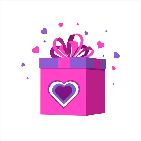День Святого Валентина. Подарочная коробка значок с луком и конфетти, любовное послание в модный veri pery цвет. — стоковый вектор