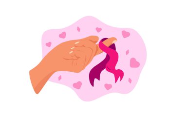 Pembe kurdele ve kupa tutan kadın elleri kavramı. Vektör çizimi. Göğüs kanseri farkındalığı kurdelesi. Pembe bir fiyonk tutuyor. Dünya göğüs kanseri günü sembolü
