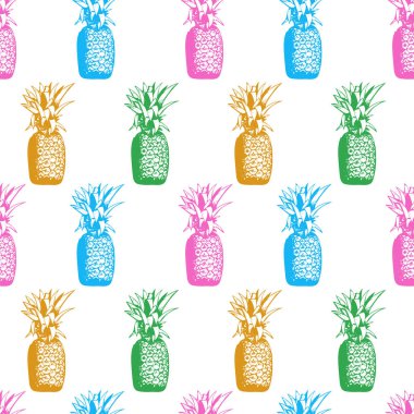Beyaz zemin üzerinde ananas çizen çok renkli çizimlerin vektör deseni