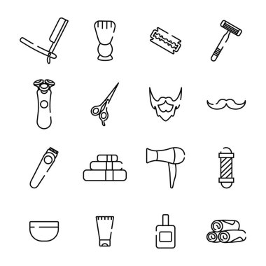 Erkekler için berber dükkanı vektör doğrusal ikonları koleksiyonu. Saç kesimi, sakal ve bıyık traşı. Beyaz arkaplan üzerinde izole edilmiş.