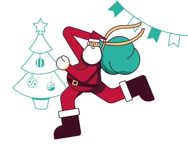 Neujahrsvektorillustration Der Hyperbolischen Proportionen Des Laufenden Weihnachtsmannes Mit Geschenken Auf — Stockvektor