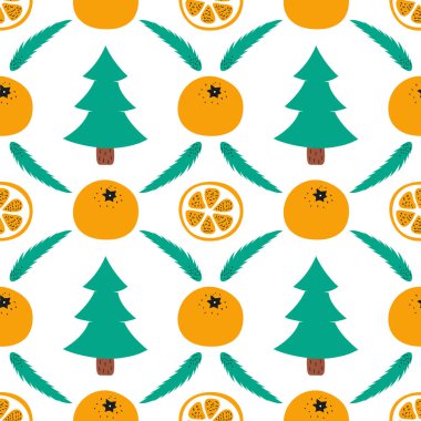 Mandalinalar, Noel ağacı ve beyaz arka planda Noel ağacı dallarıyla kusursuz bir yeni yıl deseni.