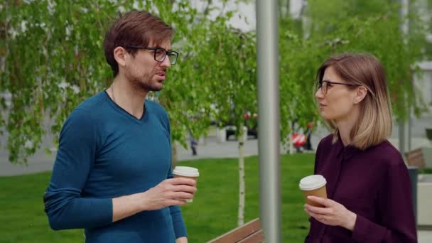 Two Colleagues Employees Discussing Planning Break Out Office — Stock Video