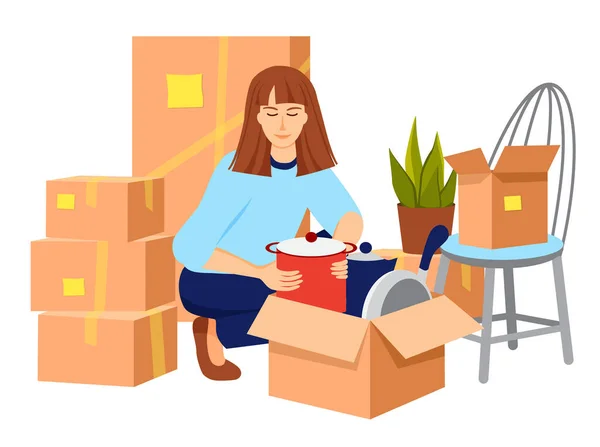 Gülümseyen bir kız tencereyi karton kutuya koyar. Bir kadın çekmeceden tencere çıkarır. Paketleme kutuları yakında duruyor. Yeni bir eve taşınıyorum. Düz biçimli vektör illüstrasyonu.
