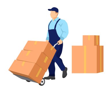 Mover kutularla dolu bir araba taşıyor. Karton paketleme kutuları yakında duruyor. Yeniden yerleştirme. Nakliye şirketi. Taşıma servisi. Çizgi film vektör illüstrasyonuName.