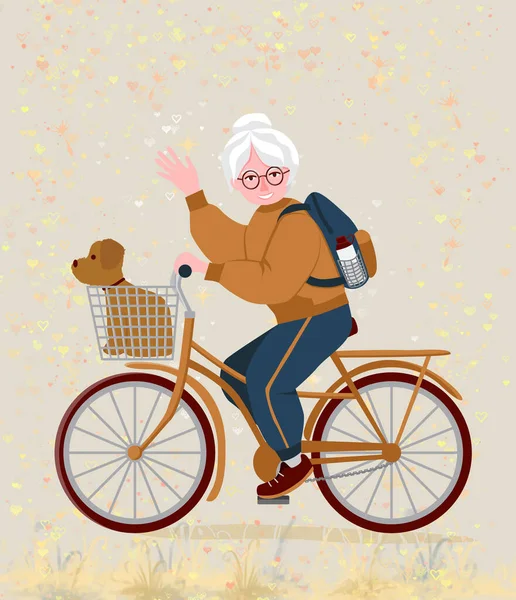 Avó Sorridente Anda Bicicleta Parte Trás Está Uma Mochila Com — Fotografia de Stock