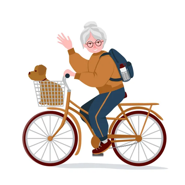 Abuela Sonriente Monta Bicicleta Parte Posterior Hay Una Mochila Con — Vector de stock