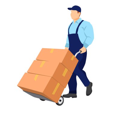 Üniformalı Mover, içinde karton paket kutuları olan bir araba taşıyor. Yeniden yerleştirme. Nakliye şirketi. Taşıma servisi. Çizgi film çizimi düz stil.