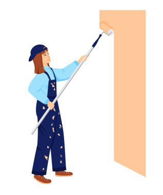 Üniformalı bir kız yeni bir evin duvarını silindirle boyuyor. Dekoratör kadın. Daire tadilatı. Çizgi film tarzında izole vektör illüstrasyonu