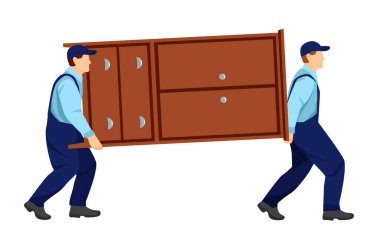 Nakliyeciler ağır bir gardırop taşır. İçinde bir şeyler olan kutular duvarın yanında duruyor. Yeniden yerleştirme. Nakliye şirketi. Taşıma servisi. Çizgi film çizimi düz stil.