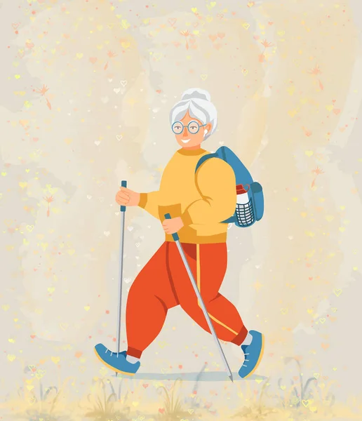 Athletic Grandmother Trekking Poles Goes Hike Back Backpack Bottle Water — Stock Photo, Image