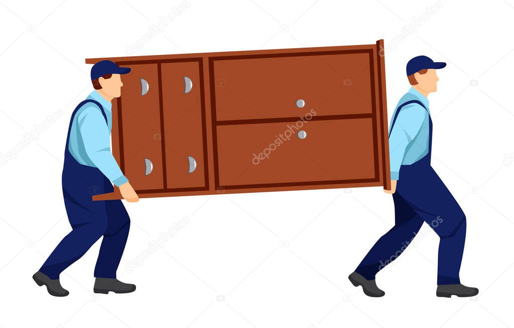 Movers carry a heavy wardrobe. Boxes with things are standing near the wall. Relocation. Transport company. Moving service. Cartoon illustration in flat style.