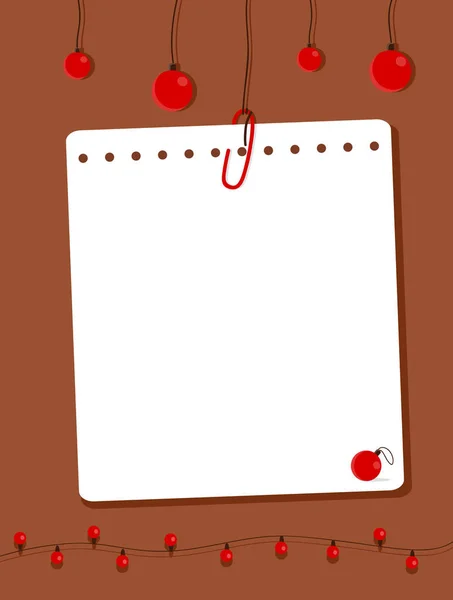 用回形针连接的笔记本纸挂在线上 笔记纸 花环和红色圣诞球在棕色背景上 矢量插图 扁平风格 — 图库矢量图片