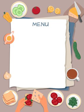 Menü ya da yemek tarifi şablonu. Masanın üzerinde: bir kağıt, biber, limon, domates, soğan, peynir, ekmek. Eller sandviç hazırlıyor. Üst Manzara. Vektör İllüstrasyonu, düz biçim