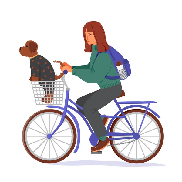 一个穿着暖和毛衣的微笑的女孩骑自行车 狗在篮子里 后面是一个背包 积极生活方式的概念 用扁平的方式表示矢量图解 — 图库矢量图片