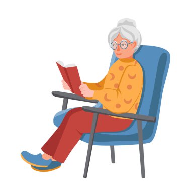 Büyükanne bir sandalyeye oturur ve bir kitap okur. Yaşlı bir kadın dinleniyor. Beyaz arkaplanda düz bir resim