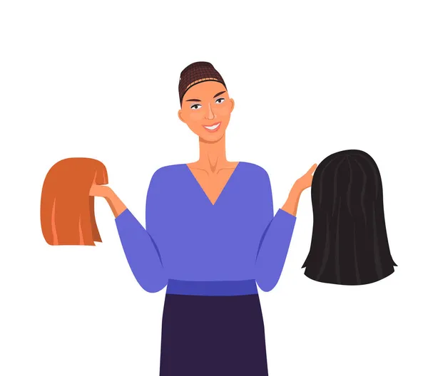 Girl Hairnet Hair Holds Wigs Her Hands Young Smiling Woman — Stock Vector