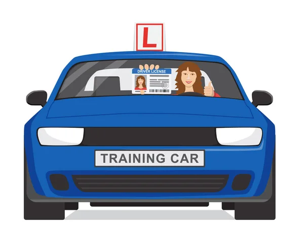 一个笑着的女孩坐在一辆蓝色的跑车上 给人看她的驾驶执照 设计概念驱动学校或学习驾驶 白色背景上的平面矢量插图 — 图库矢量图片