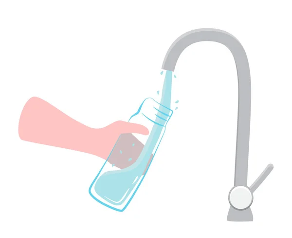 Hand Zieht Trinkwasser Aus Dem Wasserhahn Eine Glasflasche Konzept Des — Stockvektor